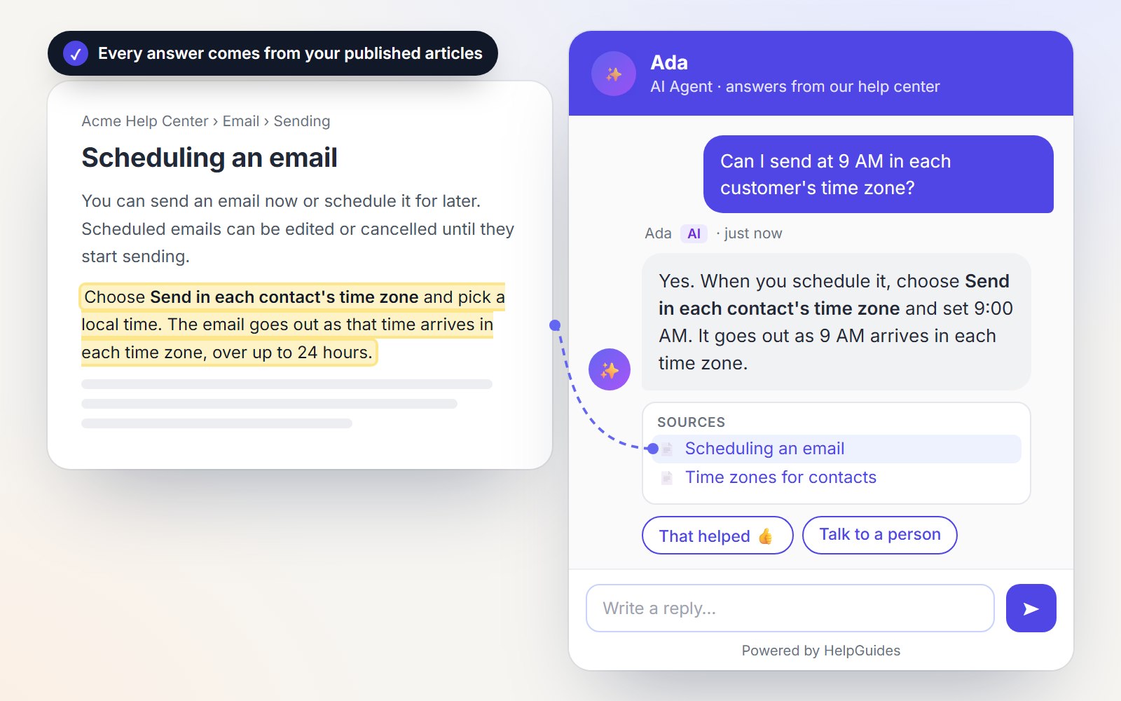 An AI answer in the messenger, with its source article linked to the sentence in the help center it came from
