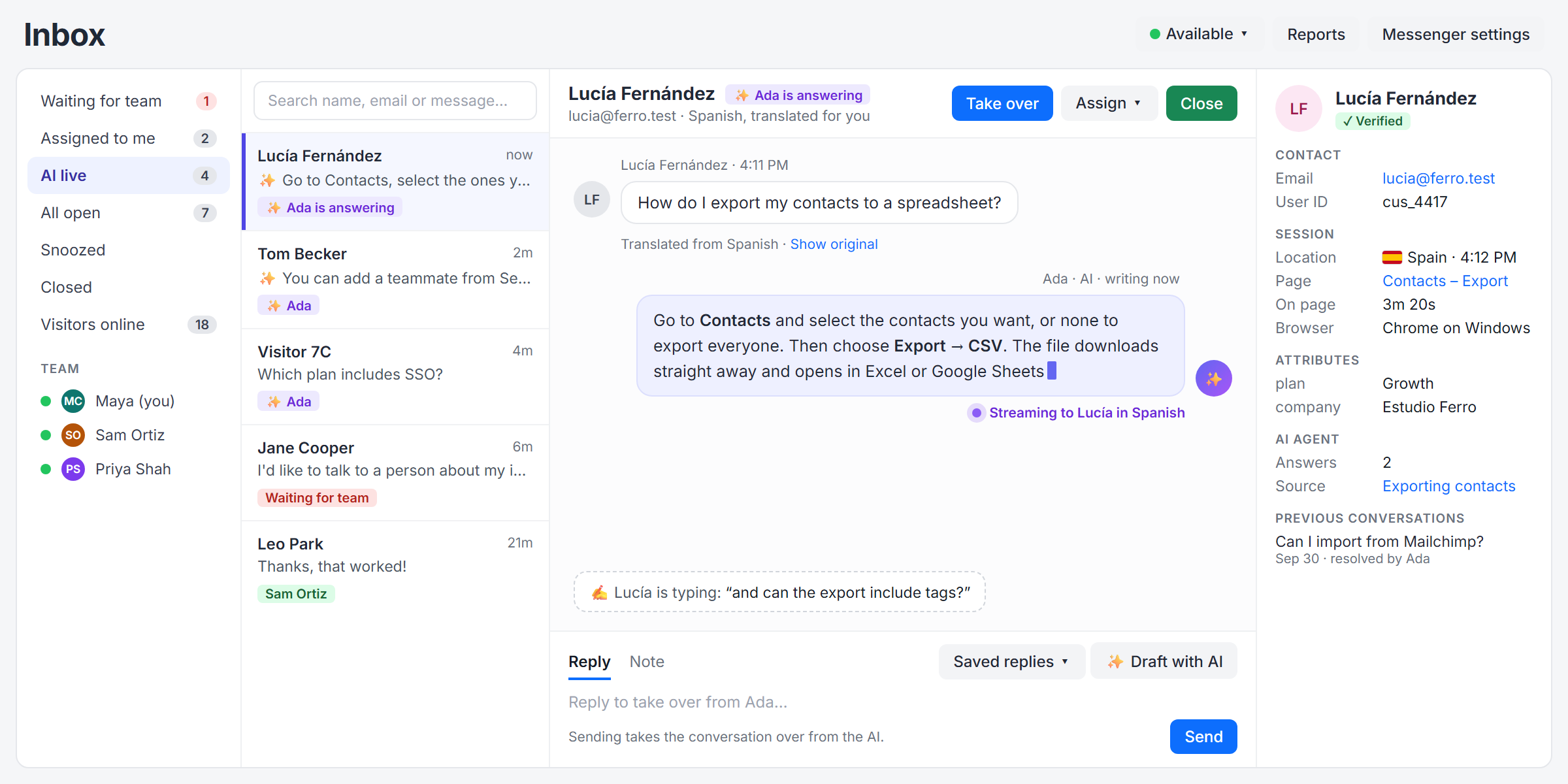 The Docent chat inbox with a conversation the AI is answering live